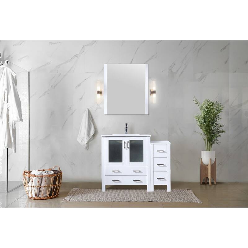 42" Navy Blue Bathroom Vanity with Side Cabinet, White Ceramic Countertop, Monte Faucet Set, and 28" Mirror