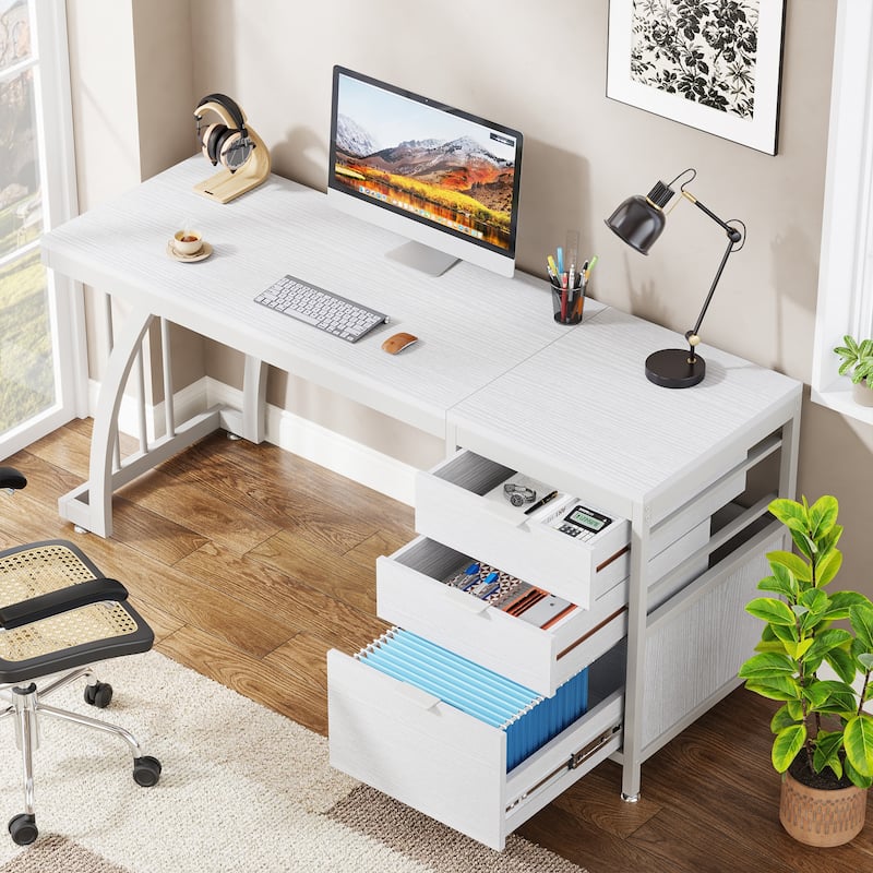 59 Inch Computer Desk with 3 Drawers, Industrial PC Desk Study Writing Table Workstation with File Storage, Home Office Desks - White