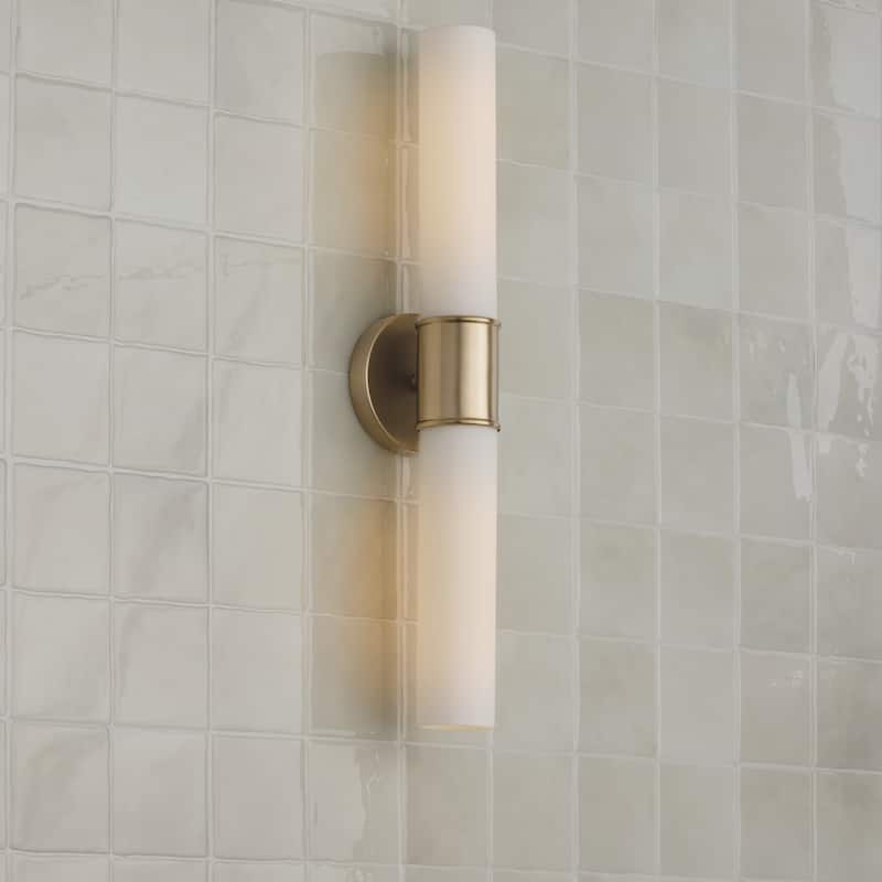 25.25"W x 5"H 2-Light Dual Sconce in Matte Brass with Soft White Glass - 5"W x 25.25"H x 4.5"E