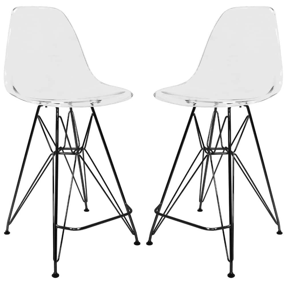 Cresco Ergonomic Acrylic Brushed Black Steel Base Barstool with Footrest and Floor Pads for Kitchen or Home Bar Set of 2