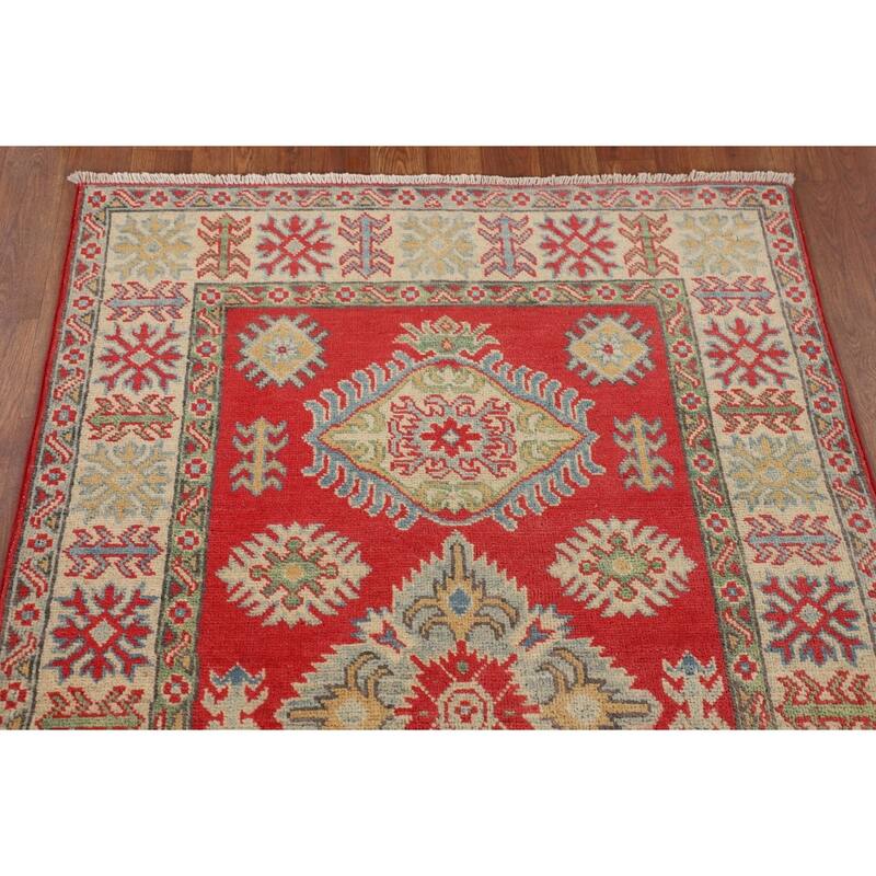 Geometric Red Kazak Oriental Accent Rug Handmade Wool Carpet - 3'3" x 5'0"