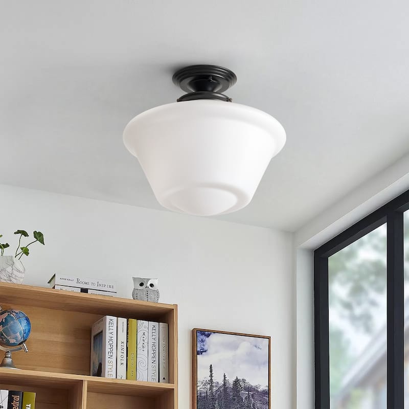 Modern Black 1-Light Semi Flush Mount Ceiling Light Fixture with Opal Glass Shade