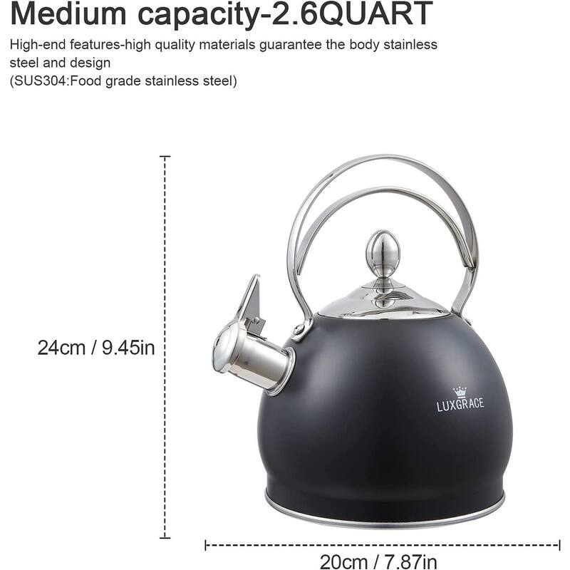 Creative Home 2.5 Qt. Stainless Steel Whistling Tea Kettle, Opaque Black - 2.5 Quarts