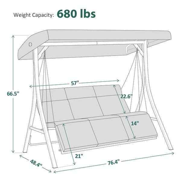 dimension image slide 0 of 2, MCombo 3-Seat Reclining Patio Swing Chair with Chain Armrests, Outdoor Porch Swing Chair4354