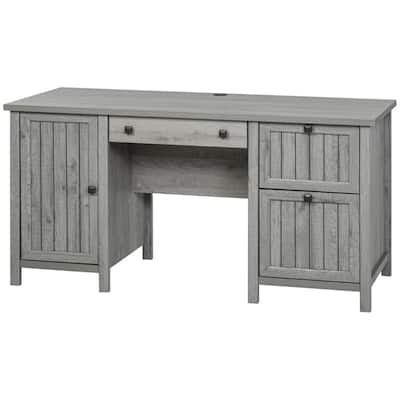 Grey Wood Office Computer Desk with Drawers Cable Management Home Workstation