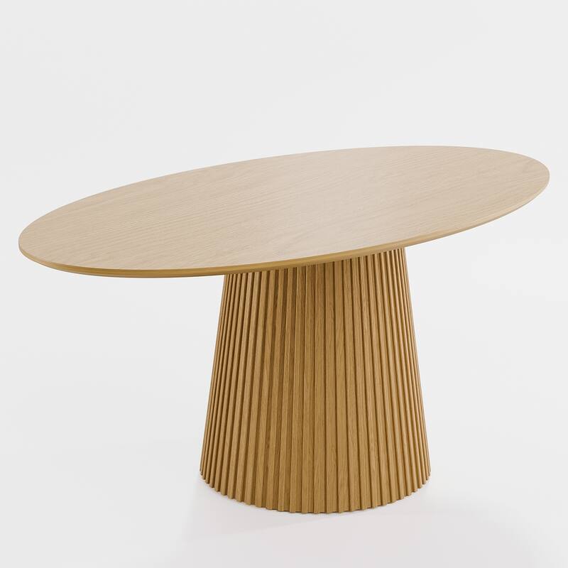 Modern Oval Wooden Dining Table - 79" Large Size, Sturdy Fluted Base, Natural Oak Finish for Dining Room