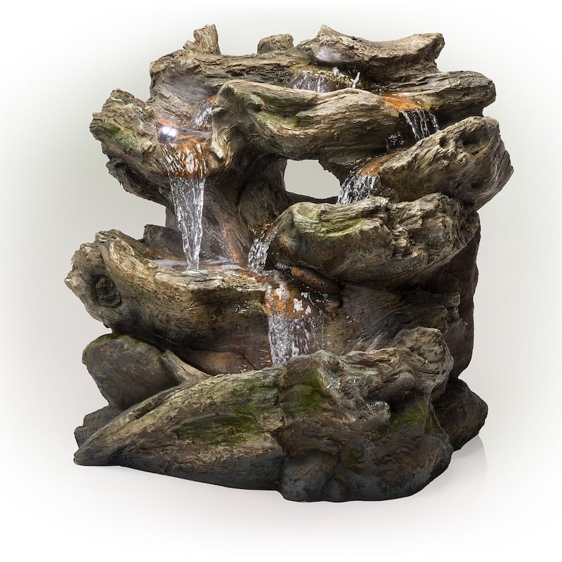 Alpine Corporation WIN256 24" Outdoor 2 Tier Fallen Tree Trunk Water Fountain with LED Lights