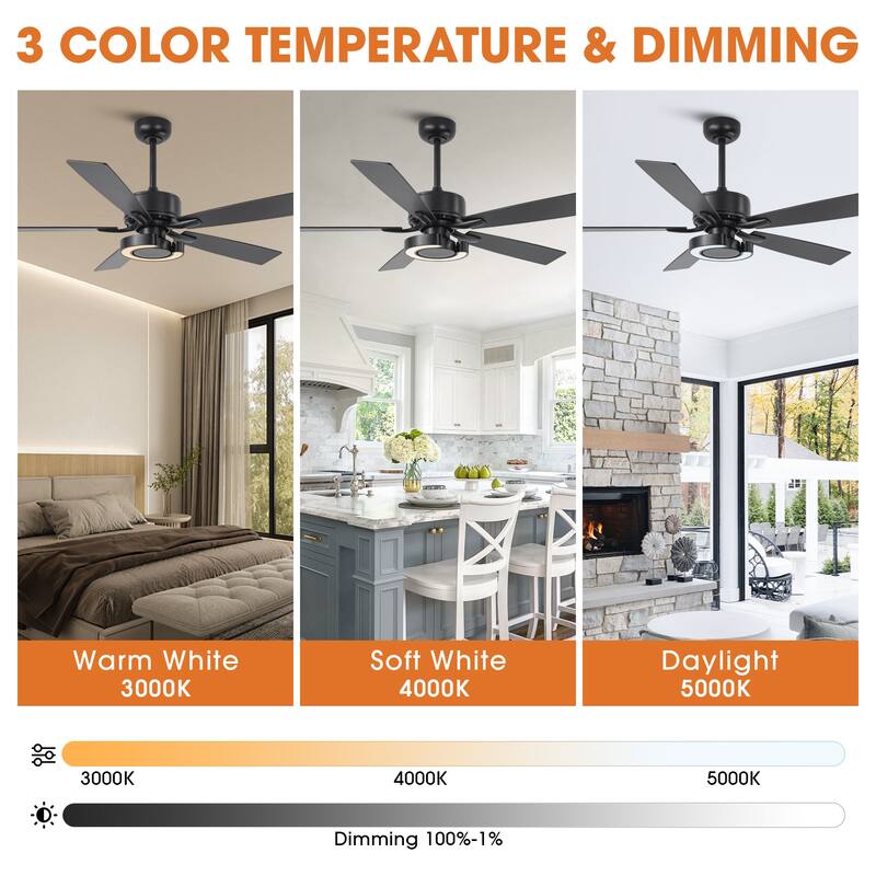 52-Inch Modern Intergatred LED Reversible Black Ceiling Fan with Light and Remote