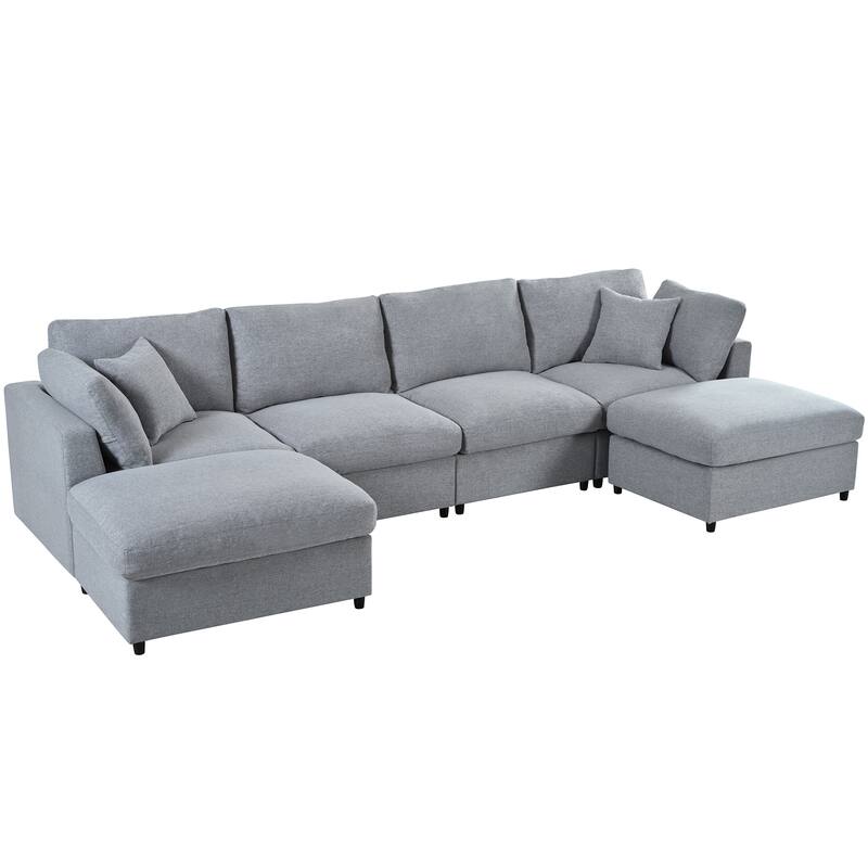 Chenille U-Shaped Sectional Sofa with 2 Movable Ottomans & Solid Wood Frame