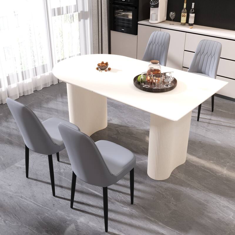 5-Piece Dining Table Set for 4, Kitchen Table Set with PU Leather Chairs & Ergonomic Backrest for Dining Room - Cream+Grey