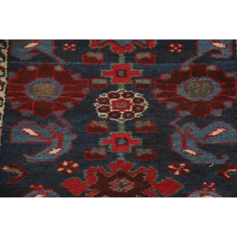 Hand Knotted Oriental 100% Wool Carpet Traditional Geometric Navy Blue & Blues Heriz Runner Rug - 15' 7'' X 3' 5''