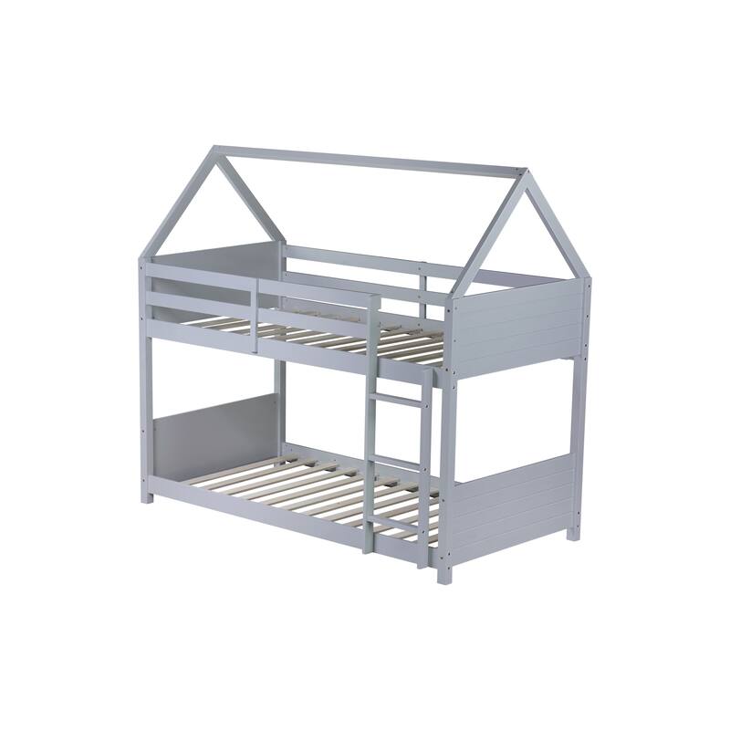 Twin Over Twin House Floor Bunk Bed with Headboards, Footboards and Guardrails, Ladder, Bunk Bed with Safety Guardrails