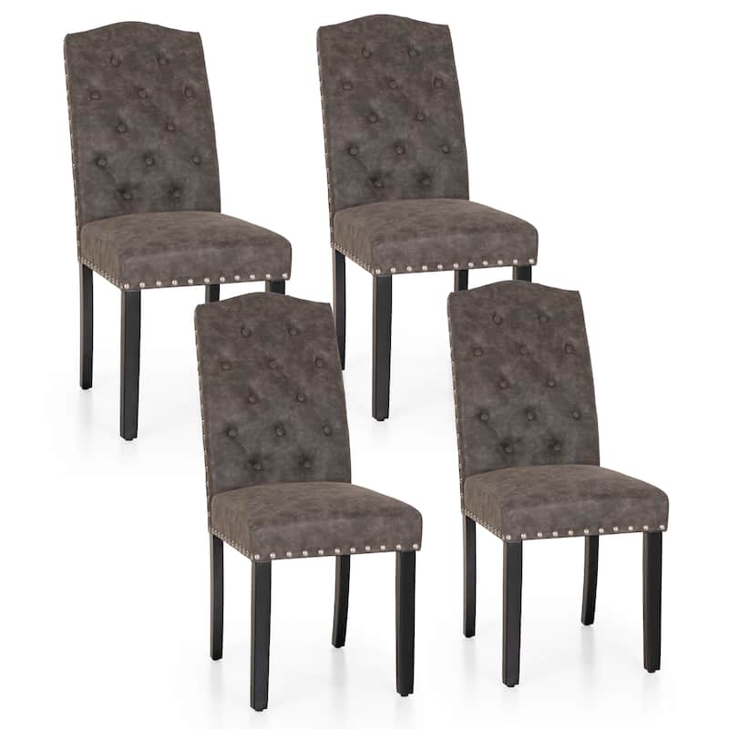 Set of 4 Upholstered Faux Leather/Fabric Dining Room Chairs with High Back and Solid Wood Legs - Dark Gray-Faux Leather