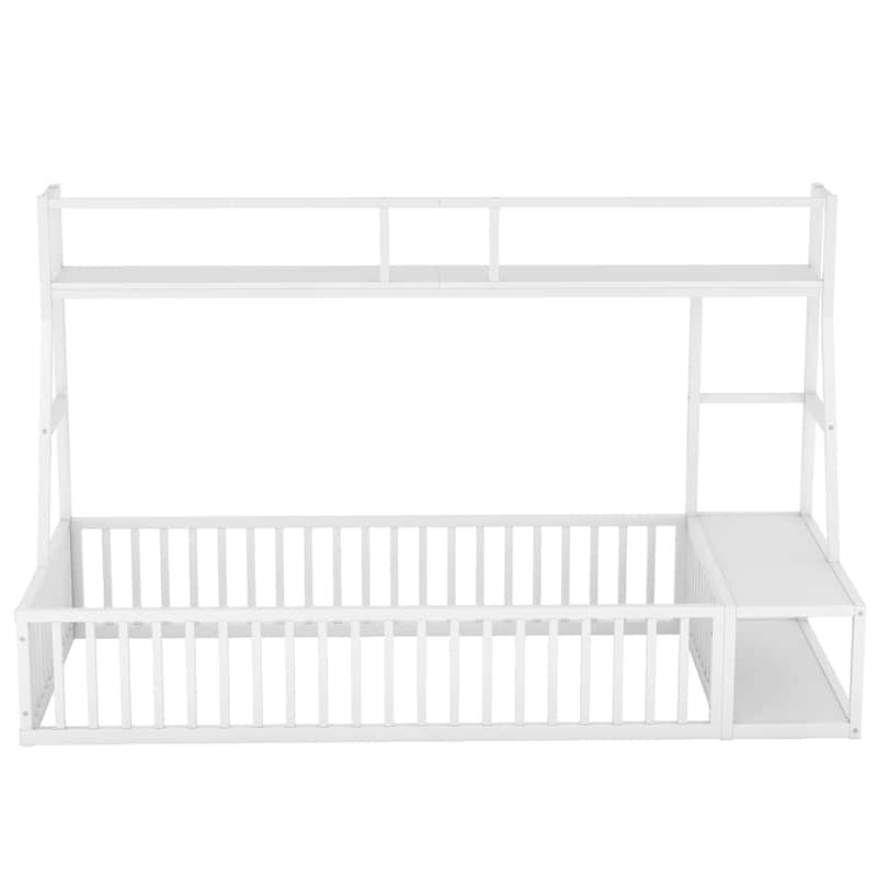Twin Size Floor Bed Frame with Safety Fence, Metal Floor Bed with Desk and Storage Shelves, Playhouse for Kids