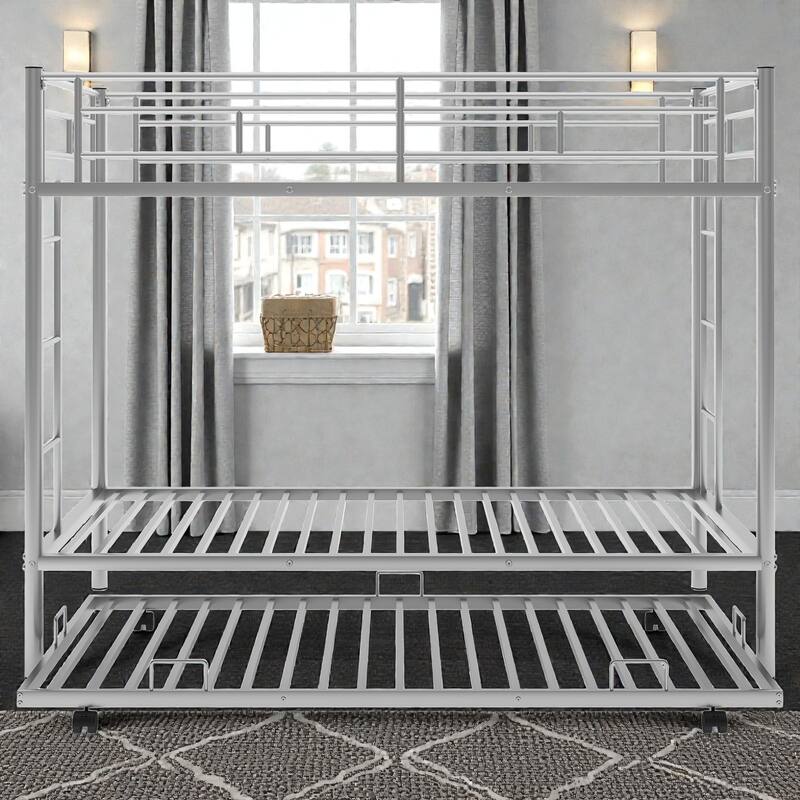 Twin over Twin Metal Bunk Bed with Trundle, Space Saving Bunk Bed with Ladder and Guardrails