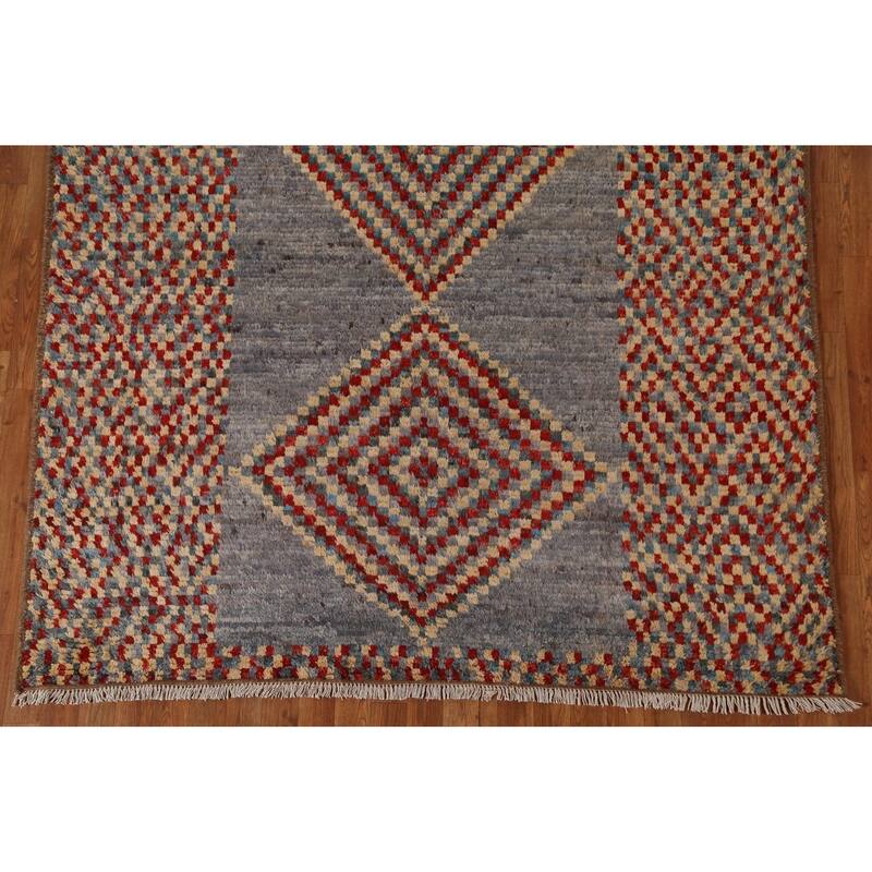 Hand Knotted Oriental 100% Wool Carpet Modern Geometric Greys & Charcoal Moroccan Area Rug - 9' 8'' X 6' 4''