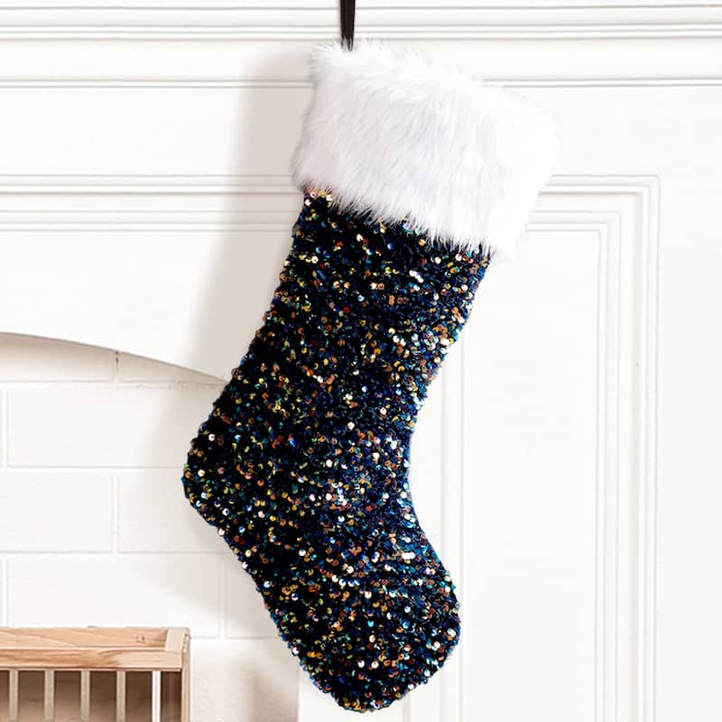 Glitzhome 21"L Red Sequin Christmas Stocking with Faux Fur Cuff