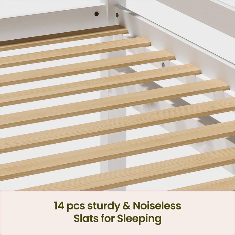 Kids Low Twin Size Loft Bed Convertible to Bunk Bed with LED Strip Lighting, Wooden Twin Over Twin Size Bunk Bed Frame