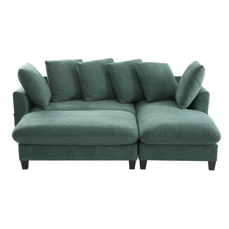 Chenille Sectional Sofa L-shaped Sofa with Movable Ottoman, Upholstered Sectional Sofa with 6 Throw Pillows, Bottom storage