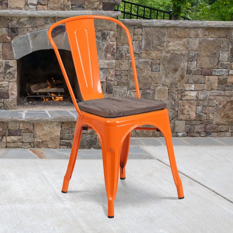 Wood Seat/ Galvanized Steel Stackable Chair (Set of 4) - 18"W x 20"D x 33"H - Orange