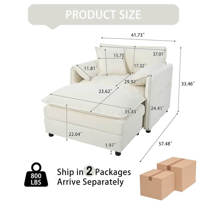 Deep Seat Sofa Accent Chair & Ottoman Set of 2, Chenille Single Chaise Lounge with Side Pockets and Thickened Seat Cushion