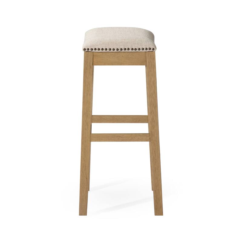 HomeRoots 31" Beige and Natural Fabric and Solid Wood Backless Bar Height Bar Chair
