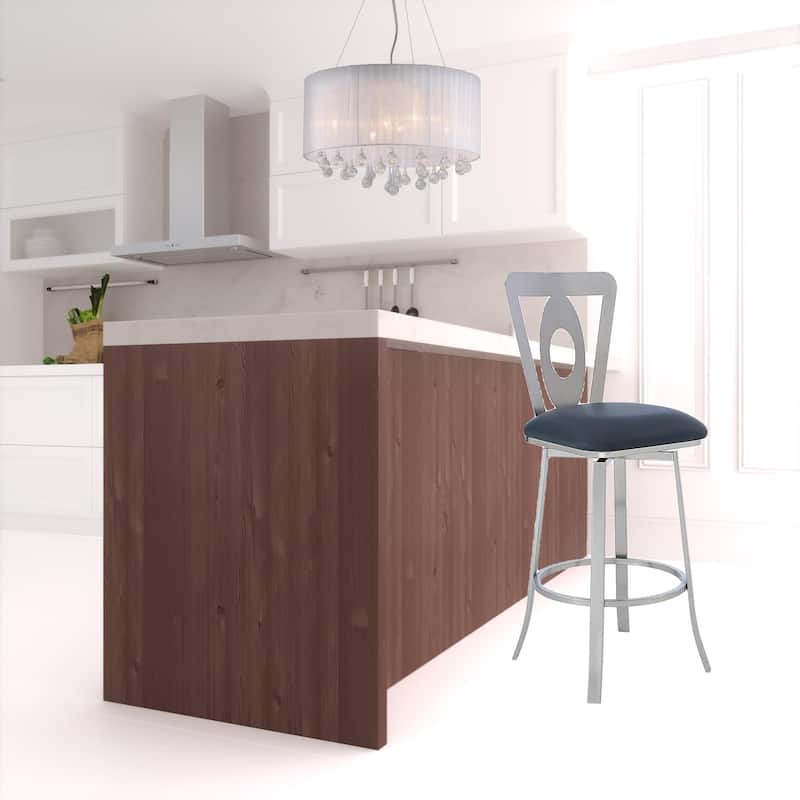 Grey Faux Leather Swivel Bar Stool with Full Back and Iron Frame - 18” x 21” x 46” (D x W x H)
