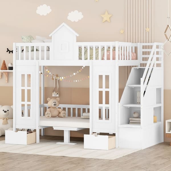 slide 2 of 9, White Twin-over-Twin Bunk Bed with Changeable Table, Turn into Upper Bed and Down Desk with 2 Drawers White