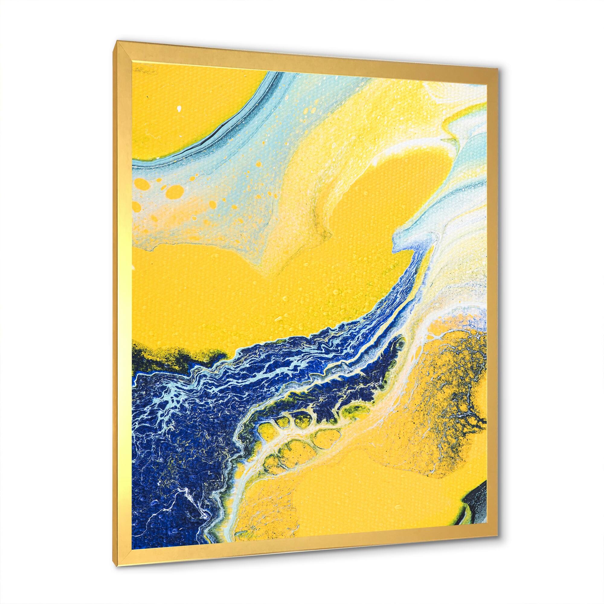 Designart "Yellow And Dark Blue Marble Art" Modern Framed Wall Decor