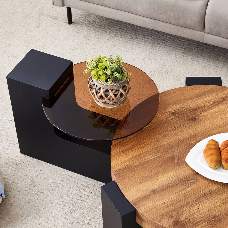 Wood Coffee Tables for Living Room, Round Accent Coffee Tables Modern Double Layer Circle Center Table for Small Space