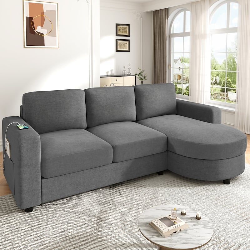 84.6" Modern Sectional Sofa with Curved Chaise Lounge & USB Ports - Grey