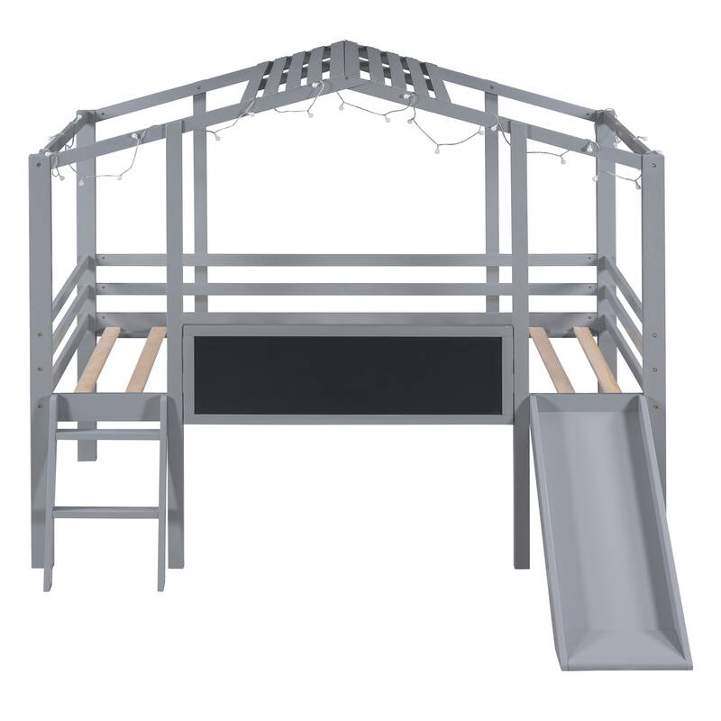 Twin Loft Bed with Slide, Ladder, Blackboard, and Roof Light Strip, Gray