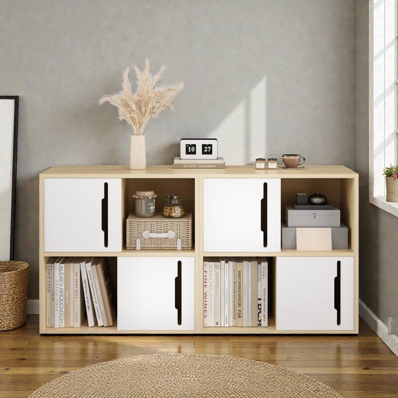 Modern Wooden Storage Cabinet with Sliding Doors, 2-Tier Open & Closed Shelves Organizer in Natural Wood and White