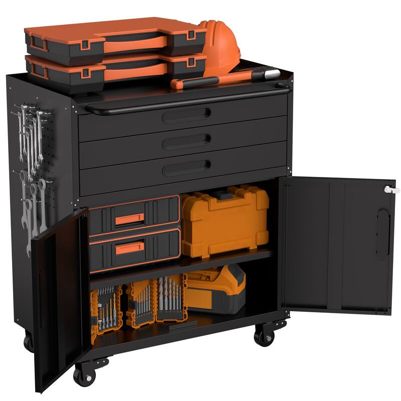 34.3" Rolling Metal Tool Cabinet, Heavy Duty Garage Storage with Lockable Doors & 3 Drawers, Mobile Workbench Organizer