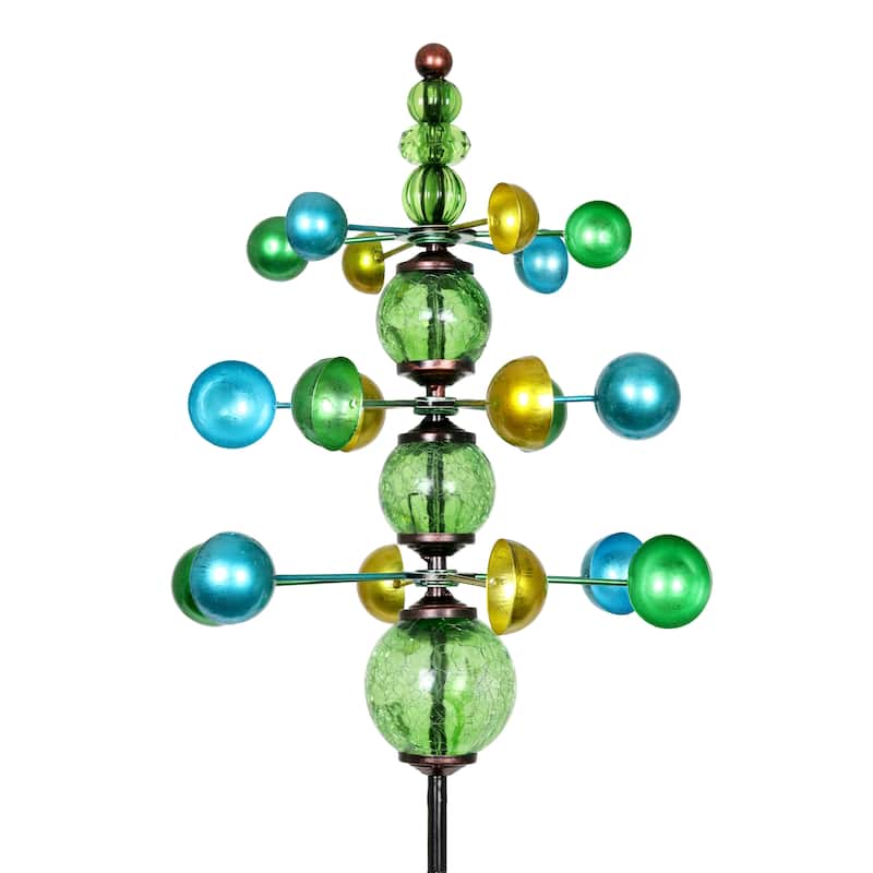 Exhart Three Tier Wind Spinner Garden Stake with Glass Crackle Balls, 14 by 48 Inches