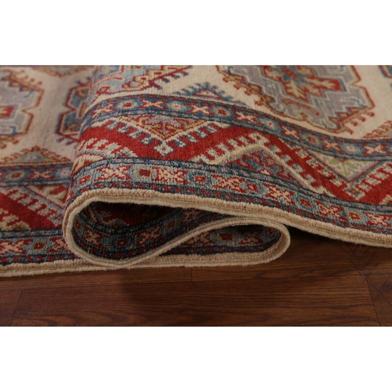 Geometric Kazak Runner Rug Handmade Beige Oriental Wool Carpet - 2'7" x 15'5"
