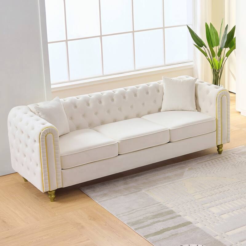 Roomfitters 86" Modern Upholstered Chesterfield Tuxedo Sofa with Gold Trim, Button Back 3-Seater Couch for Living Room