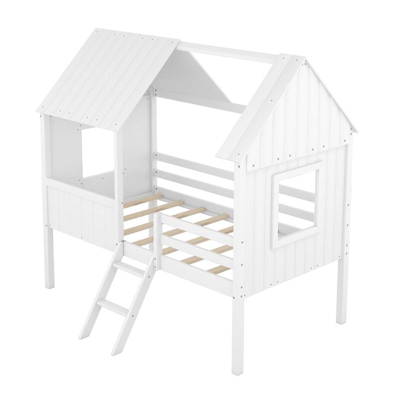 Twin Size Low Loft Wood House Bed with Two Side Windows
