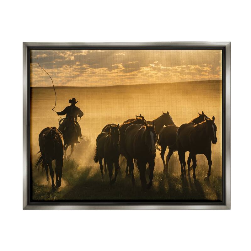 Stupell Cowboy & Horses at Sunset Framed Floater Canvas Wall Art Design by PBurchettePhoto - 31 x 25 - Grey