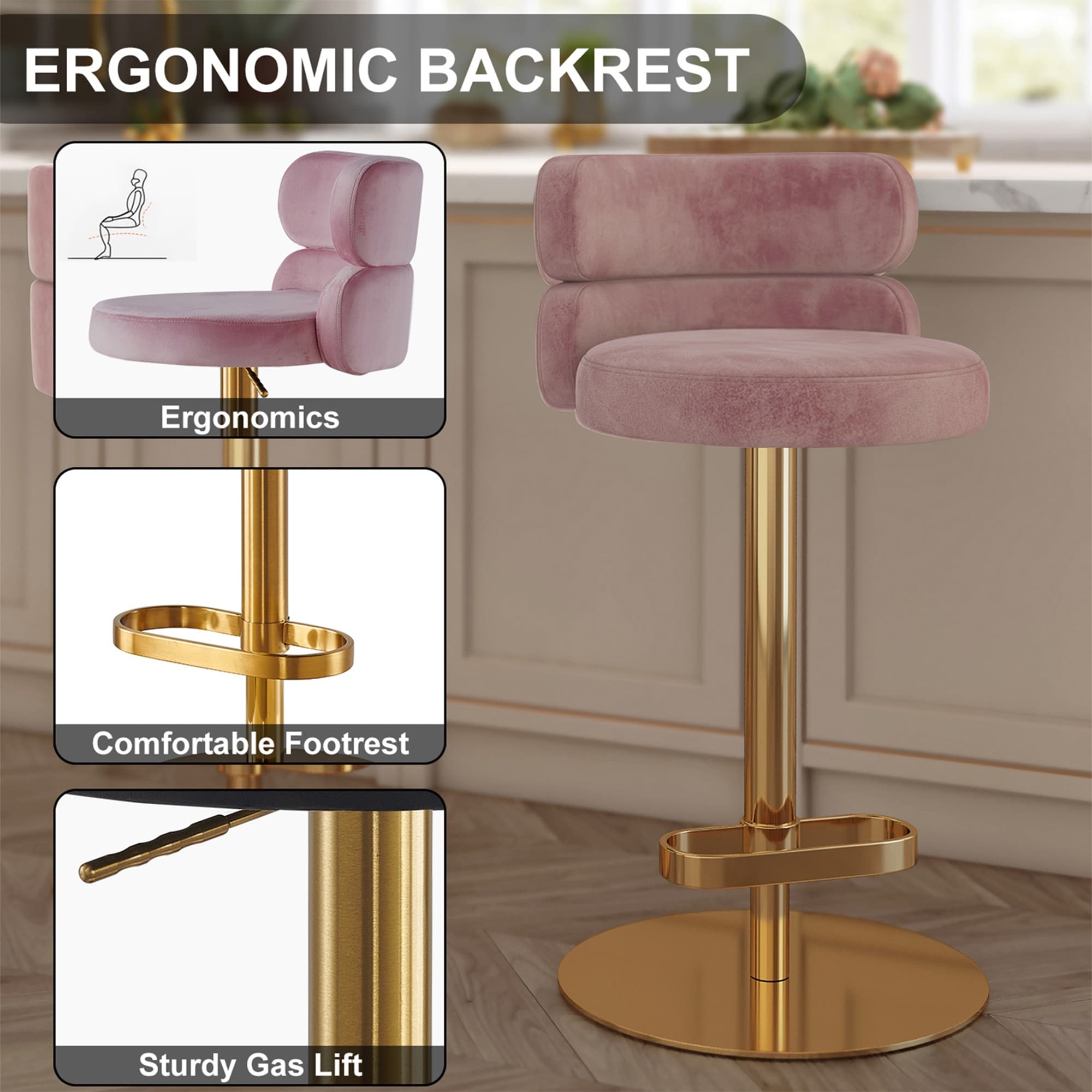 Modern Velvet Bar stool with Height Adjustable and Swivel