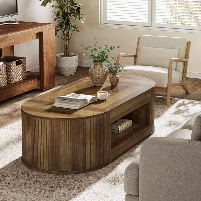 Farmhouse Coffee Table with Storage, 55-Inch Oval Center Table