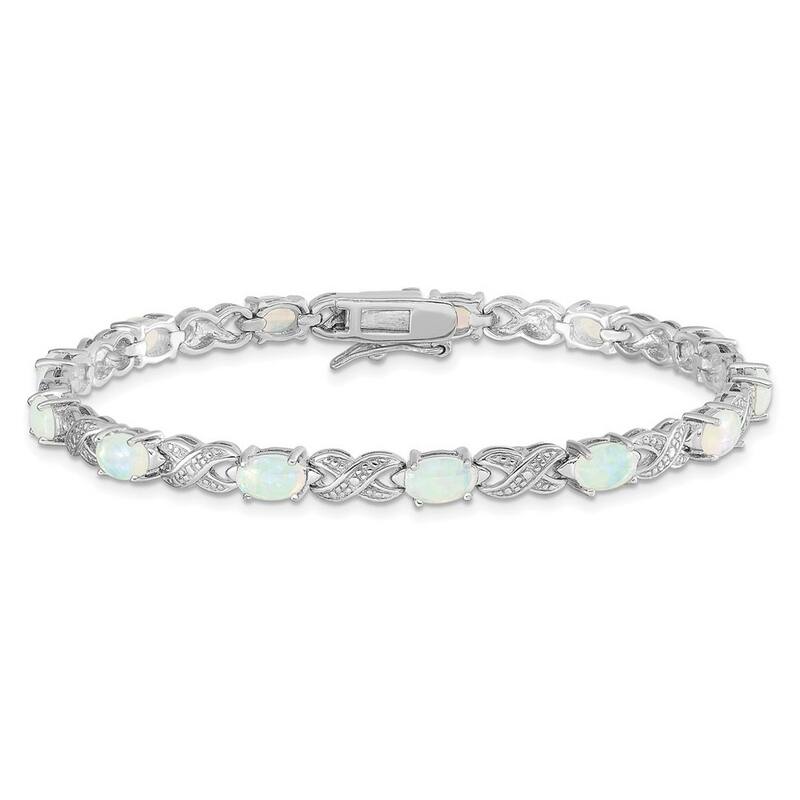 Curata 925 Sterling Silver Polished Box Catch Closure Simulated Opal and Diamond Bracelet 7 Inch Box Clasp