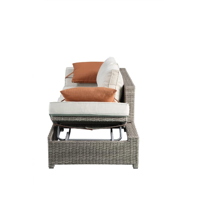Resin Wicker and Aluminum Patio Sofa and Ottoman with 2 Pillows, Beige