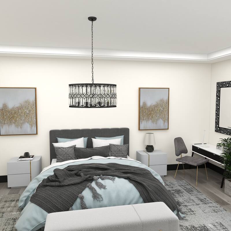 Metal Crystal Embellished 6 Light Room Chandelier with Link Chain - Black - Roche River Decor