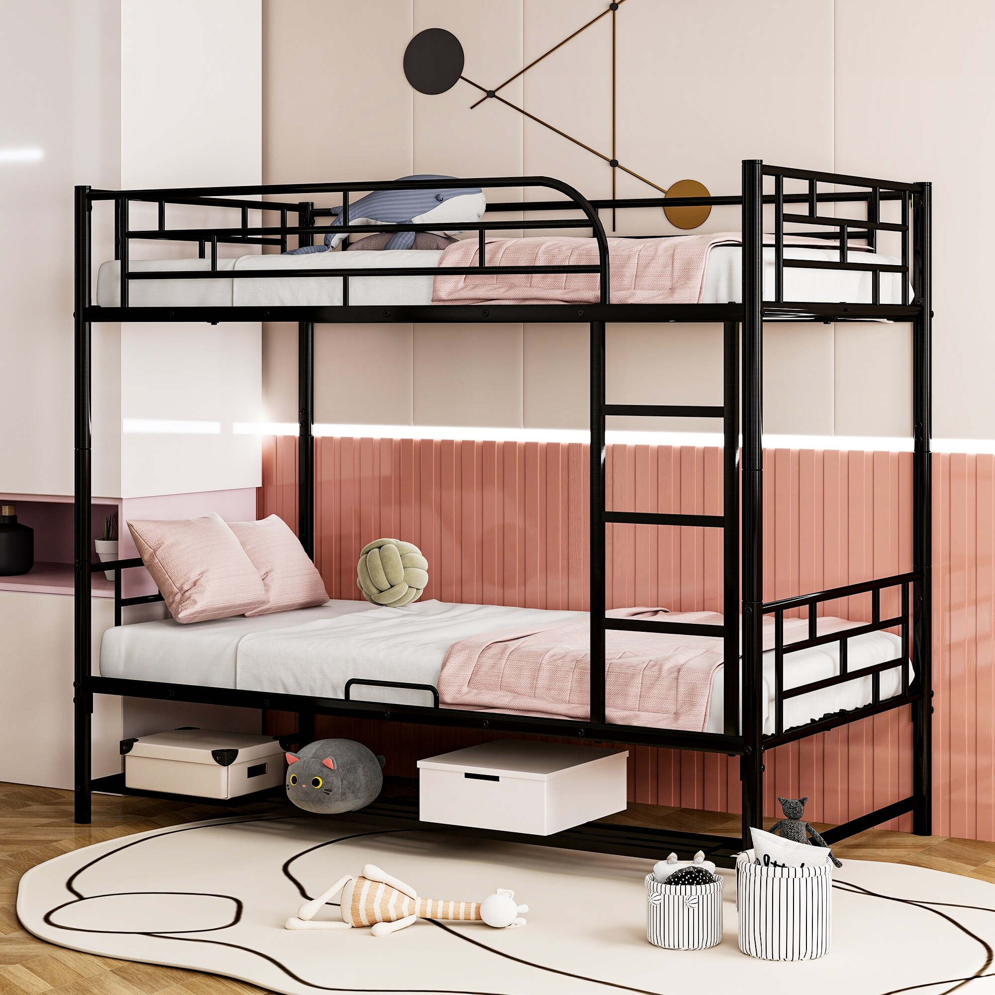 Twin Over Twin/Full Over Full Metal Bunk Bed with Shelf and Guardrails, Convertible Design, Black/White