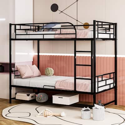 Twin Over Twin Metal Bunk Bed with Shelf and Guardrails