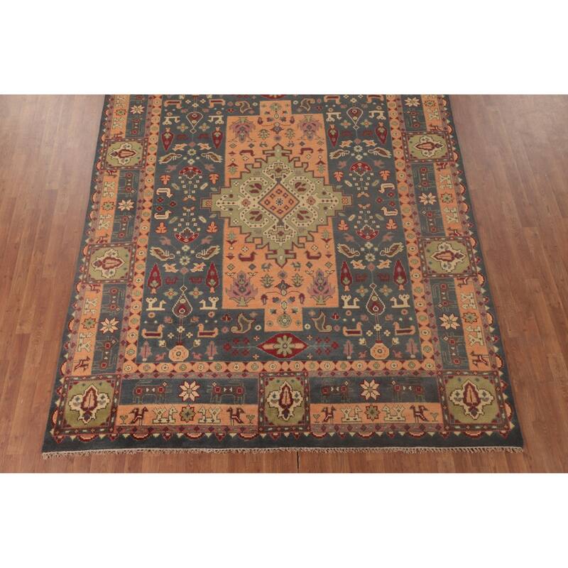 Geometric Kazak Area Rug Handmade Traditional Grey Wool Carpet - 7'9"x 9'9"