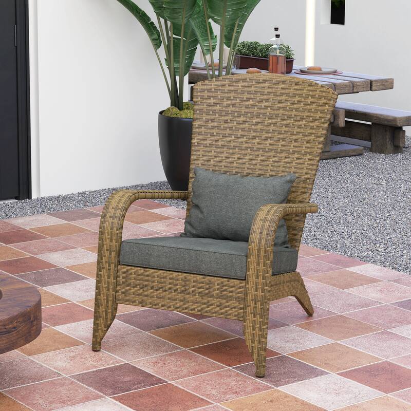 Outdoor Rattan Adirondack Chair with Cushions and Steel Frame Patio Seat for Porch or Pool - 25.2" W x 31.5" D x 35.4" H - Mixed Tan-Grey