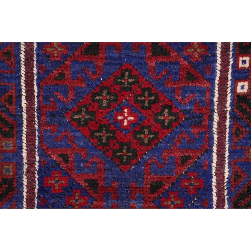 Hand Knotted Oriental 100% Wool Carpet Traditional Tribal Navy Blue & Blues Balouch Runner Rug - 8' 10'' X 2' 1''