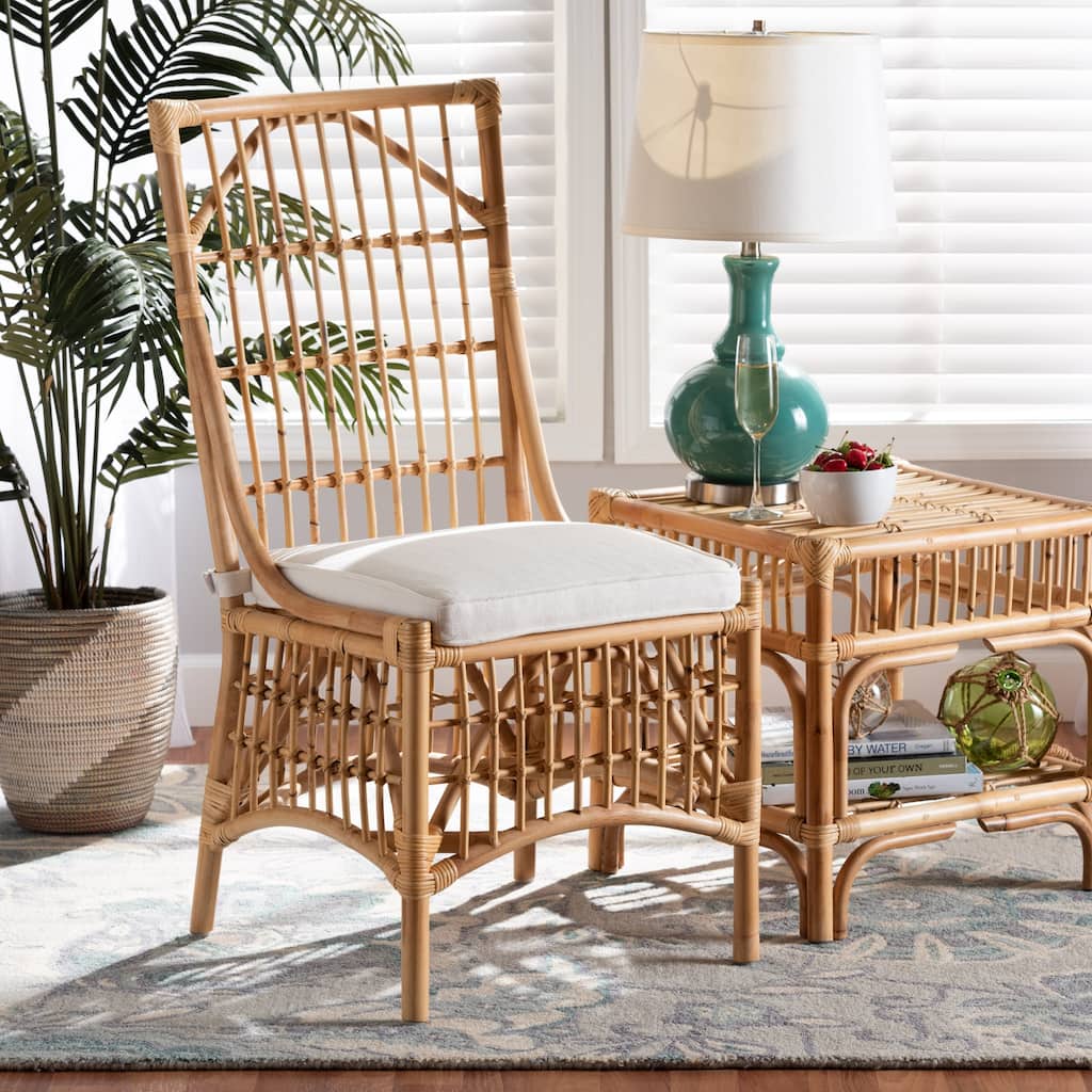 Rose Bohemian Upholstered Rattan Dining Chair-White/Natural Brown